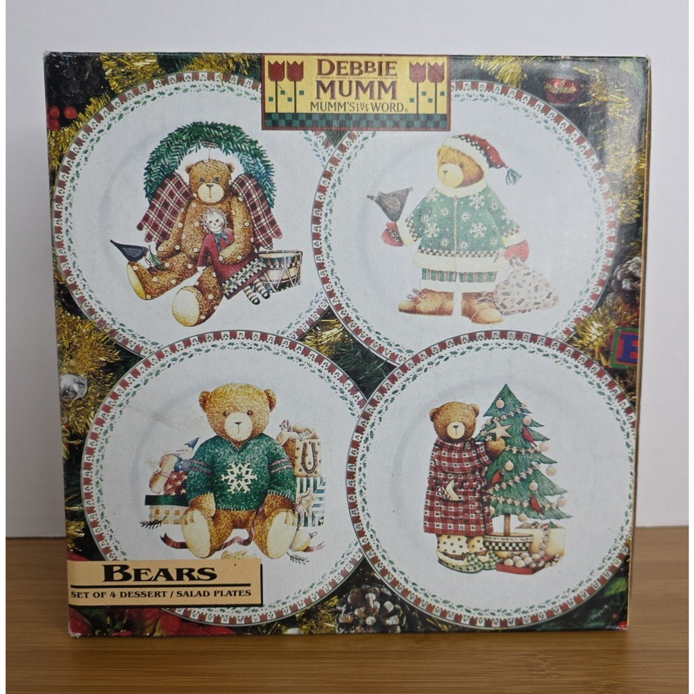 Sakura Debbie Mumm Christmas Bears Salad Plates Dessert‎ Set 4 Holiday